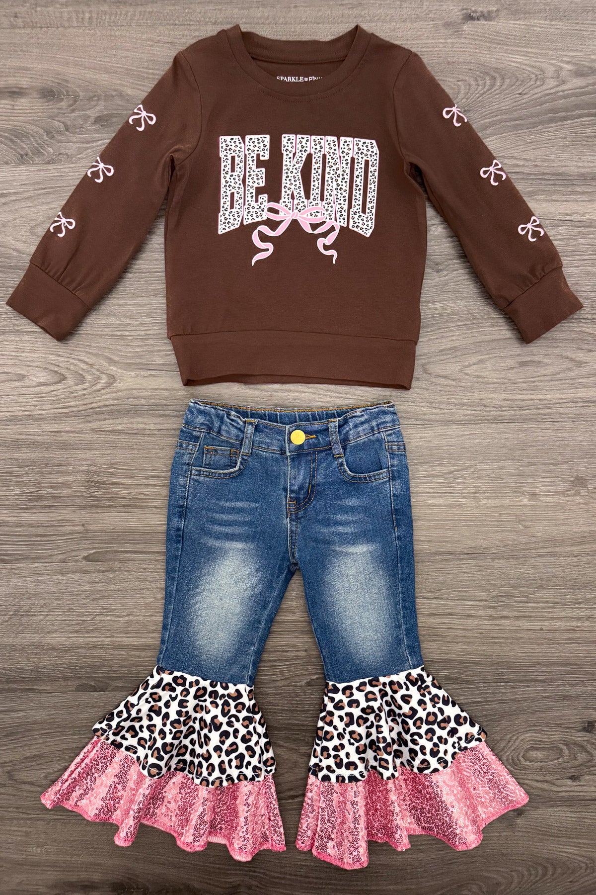 "Be Kind" Cheetah Denim Bell Bottom Set
