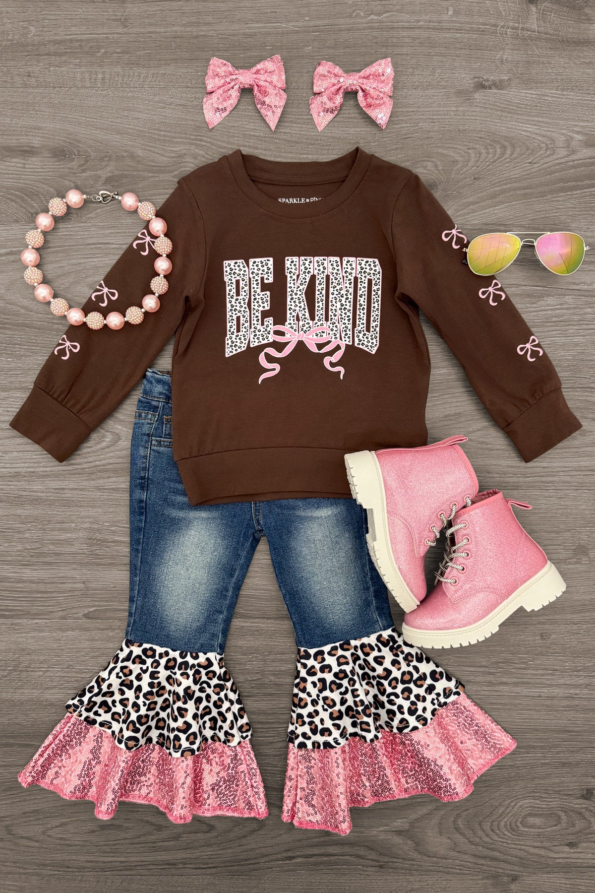 "Be Kind" Cheetah Denim Bell Bottom Set
