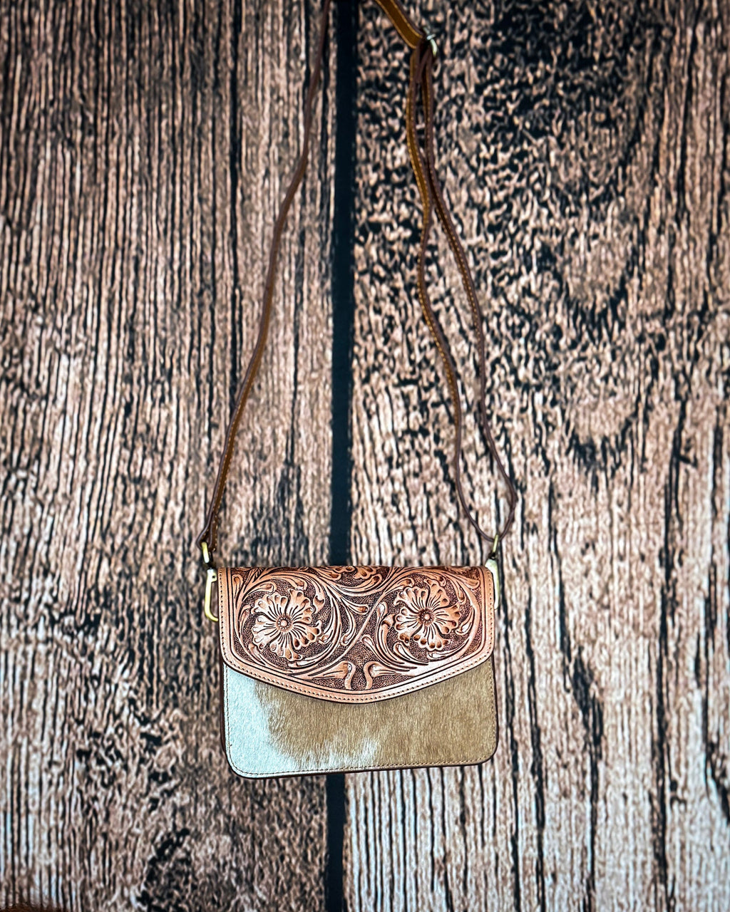 Bridle Blossom Hand Tooled Hairon Leather Bag in Amber Carve By Myra Bag