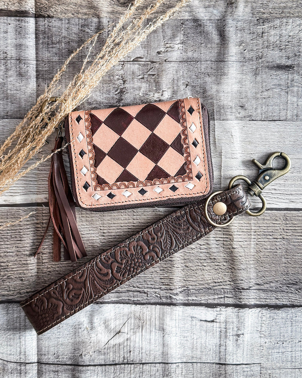 The Sidekick Checkered Leather Mini Wallet in Brown by Countryside Co.