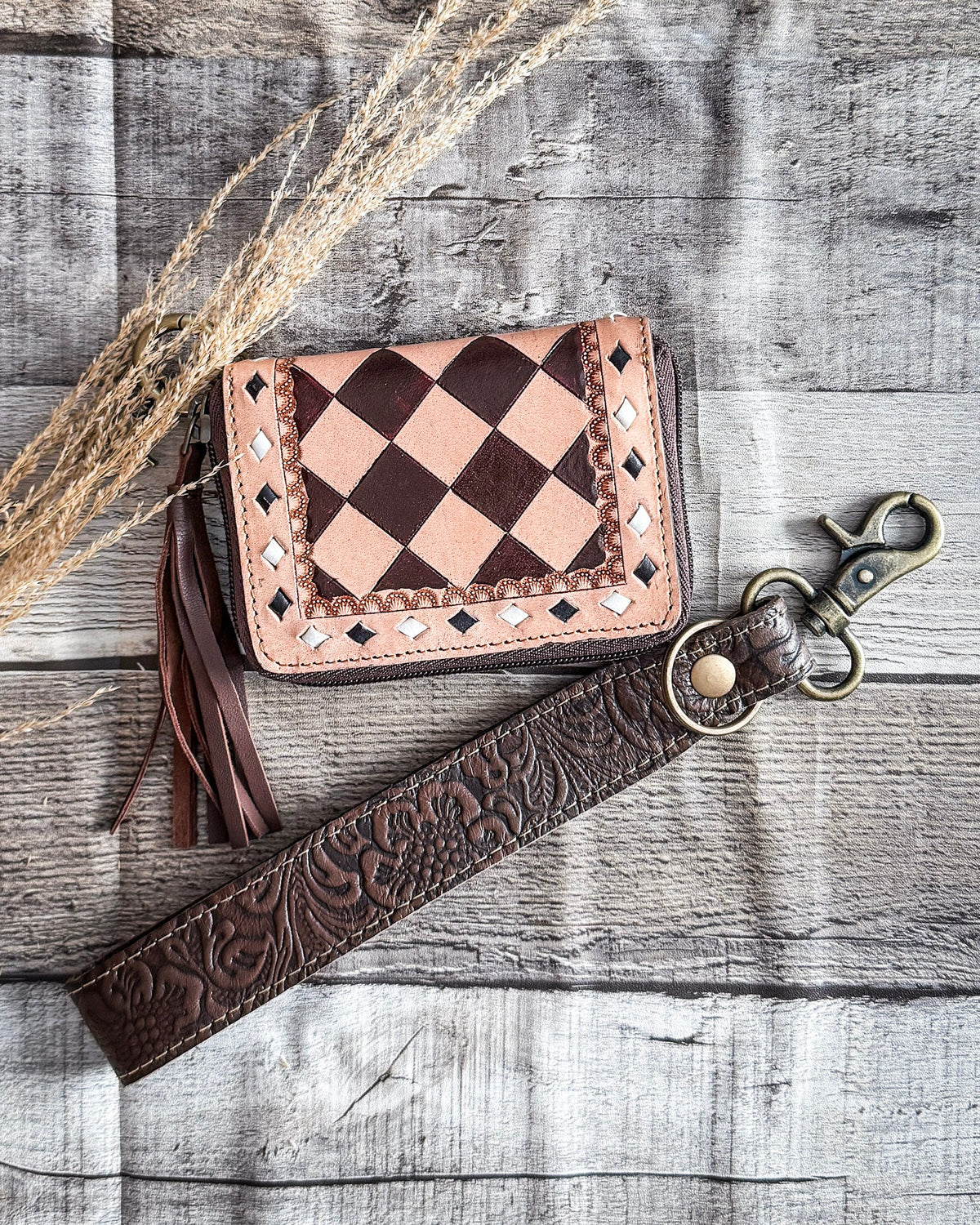 The Sidekick Checkered Leather Mini Wallet in Brown by Countryside Co.