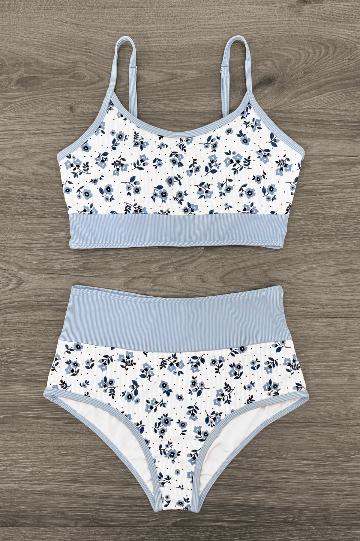 Mom & Me - Blue & White Ribbed Floral Bikini