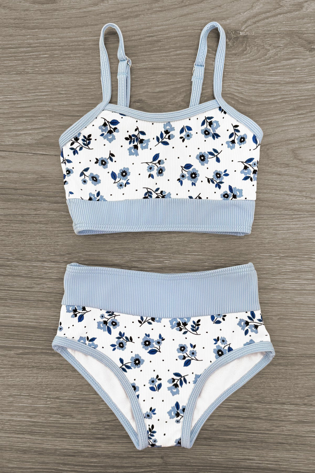 Mom & Me - Blue & White Ribbed Floral Bikini