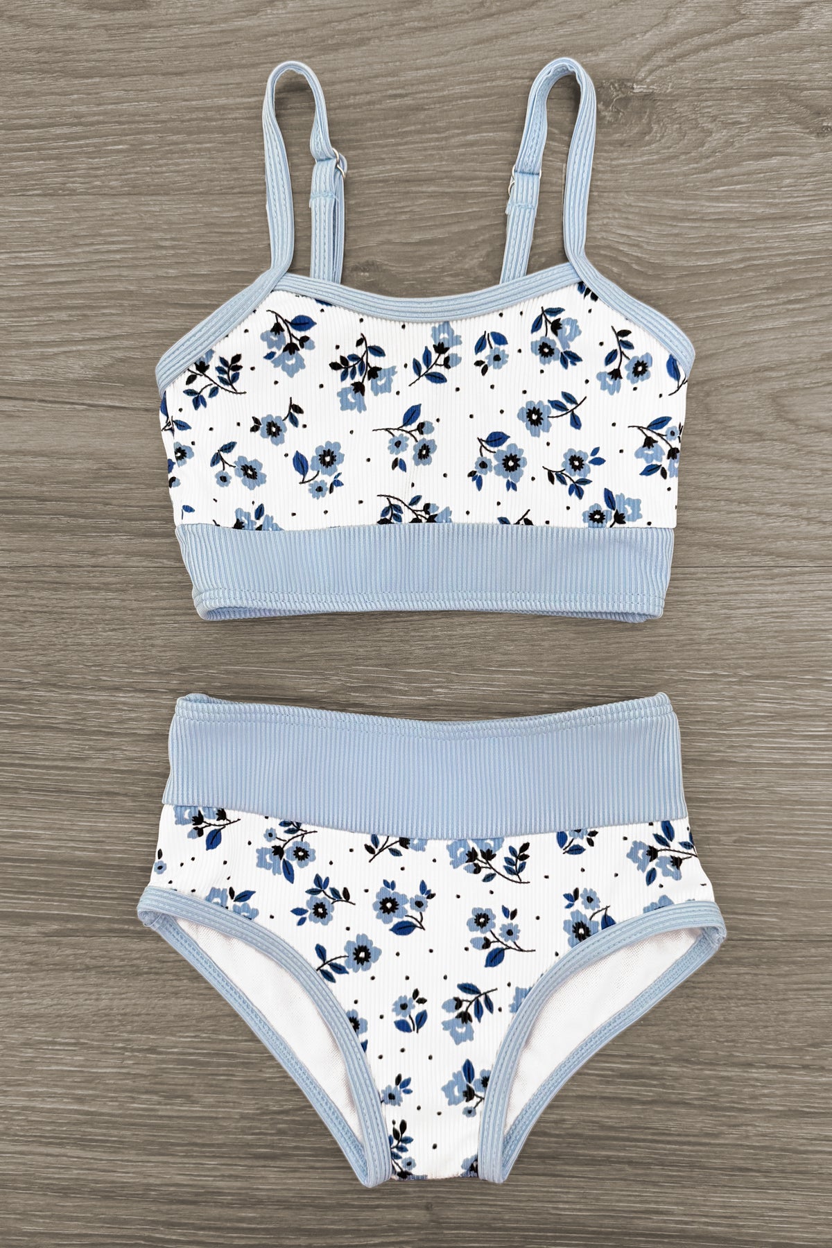 Mom & Me - Blue & White Ribbed Floral Bikini