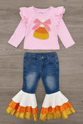 Candy Corn Bow Denim Bell Bottom Set