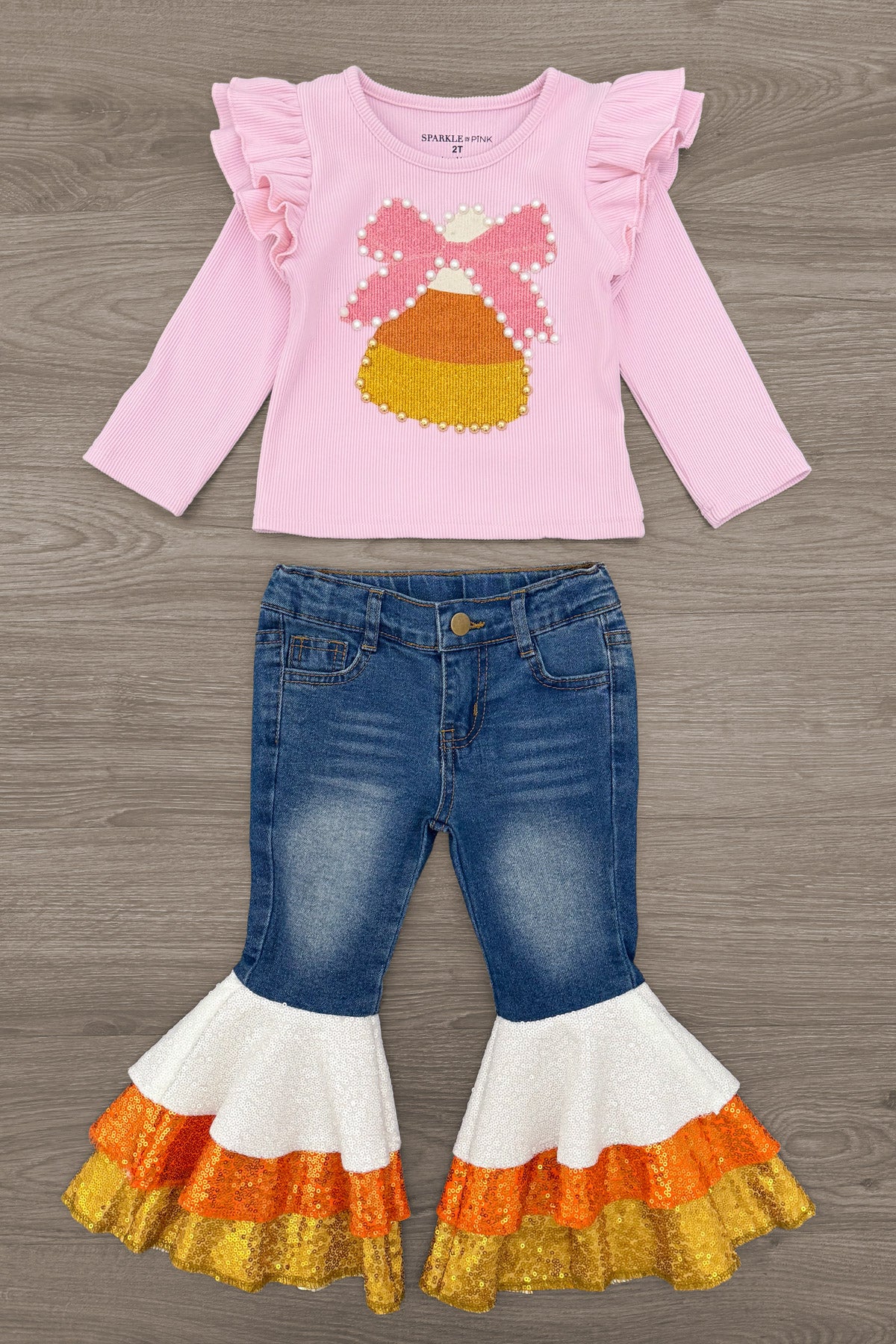 Candy Corn Bow Denim Bell Bottom Set