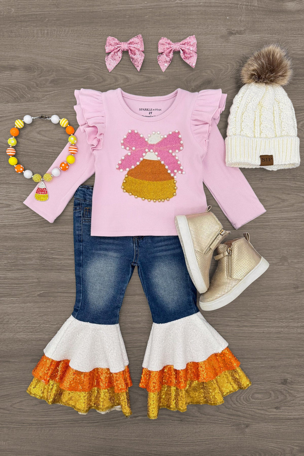 Candy Corn Bow Denim Bell Bottom Set