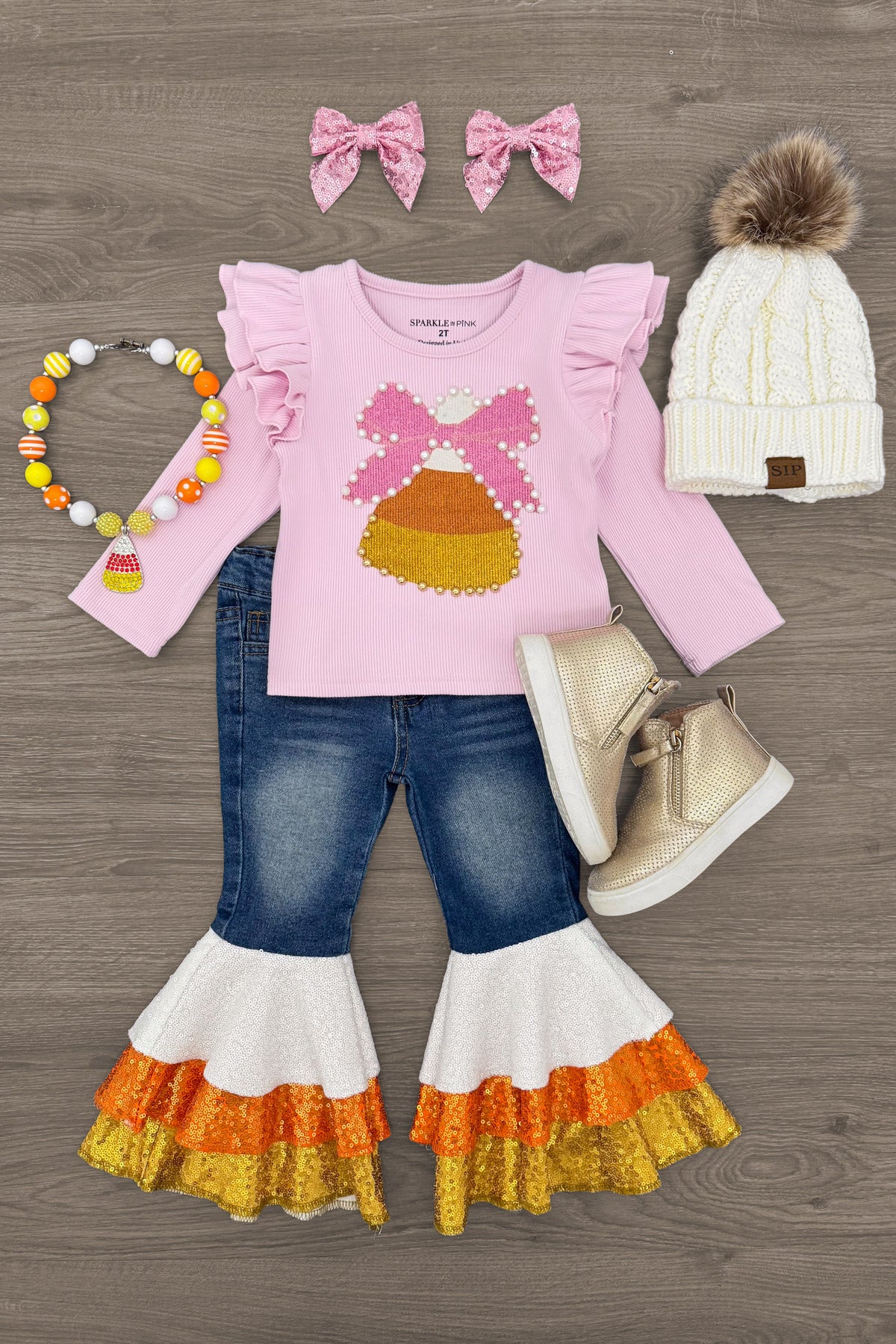 Candy Corn Bow Denim Bell Bottom Set