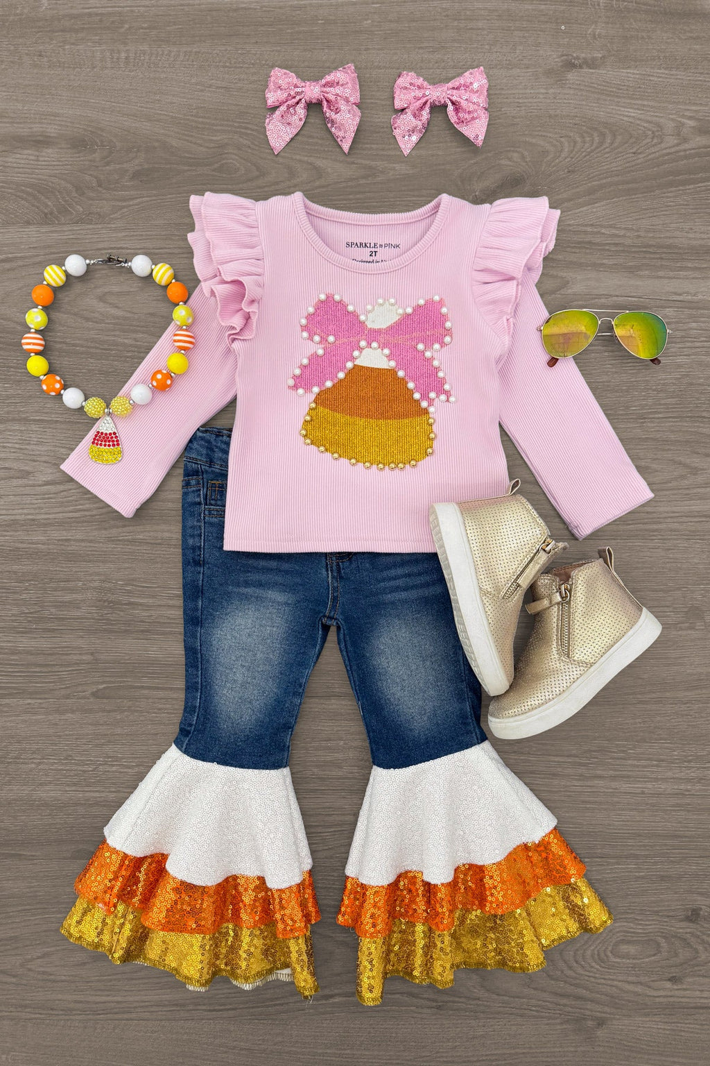 Candy Corn Bow Denim Bell Bottom Set