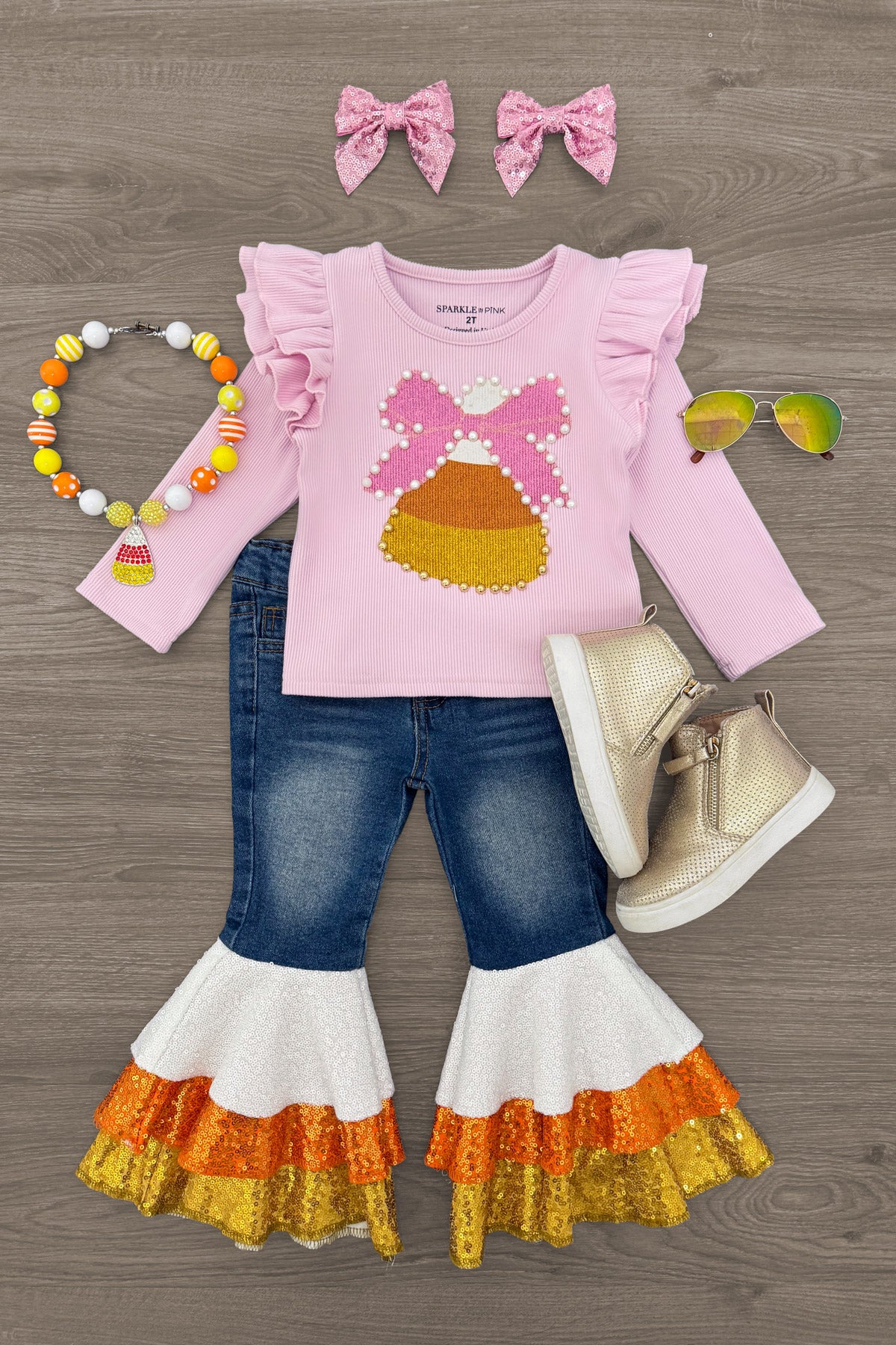 Candy Corn Bow Denim Bell Bottom Set