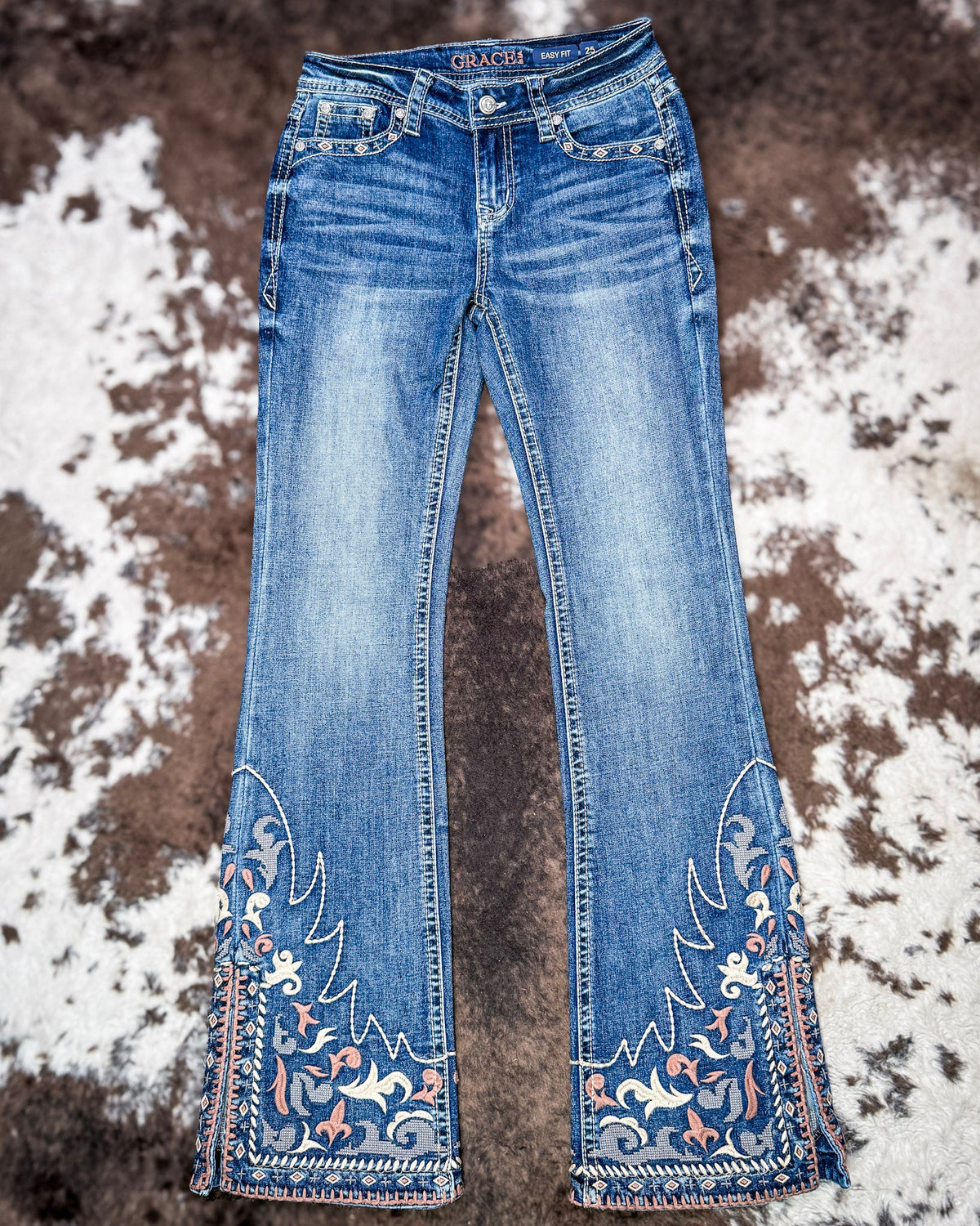 Desert Scroll Easy Flare Jeans in Dark Wash by Grace in LA