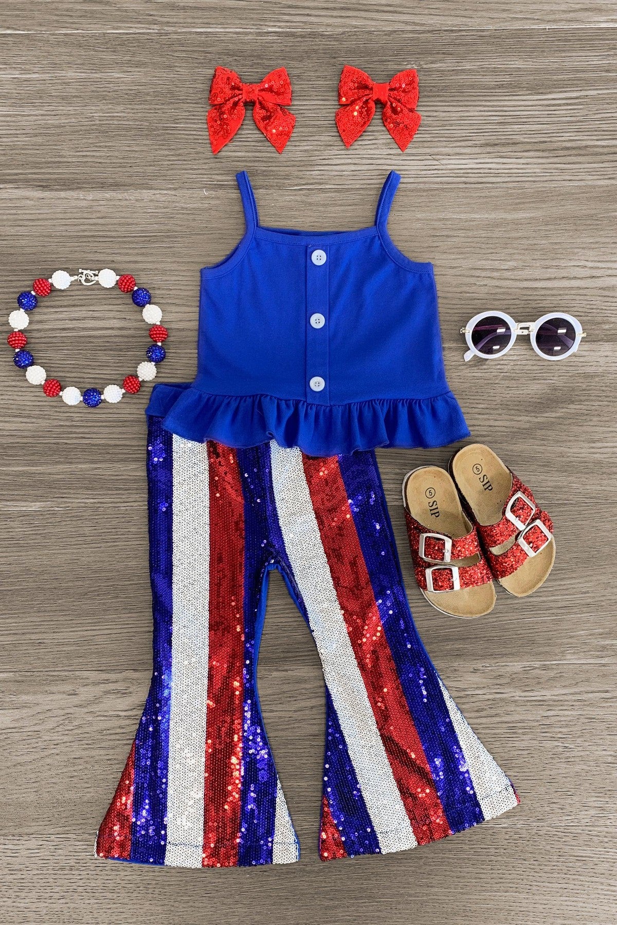 Blue Striped Sequin Bell Bottom Set