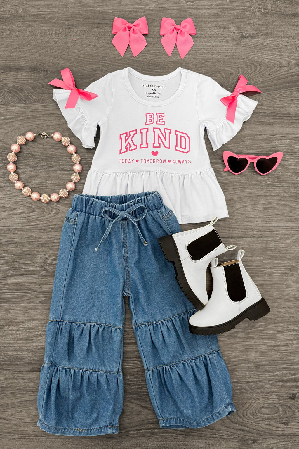 "Be Kind..." Pink Bow Denim Pant Set