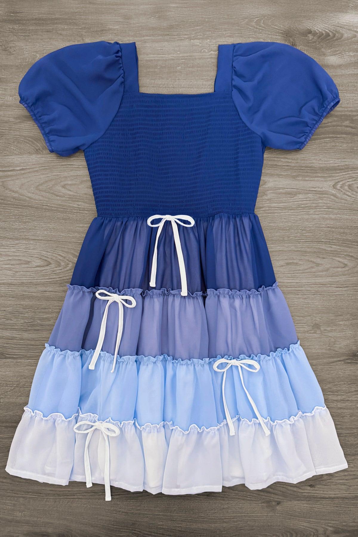 Mom & Me - Blue Ruffle Bow Dress