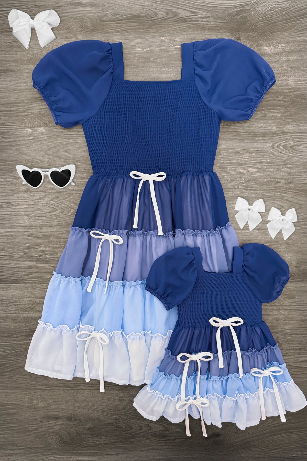 Mom & Me - Blue Ruffle Bow Dress