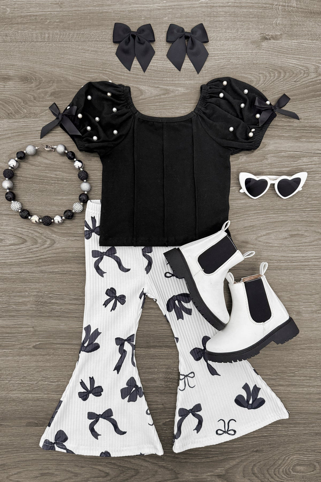 Black & White Pearl Bow Flare Pant Set