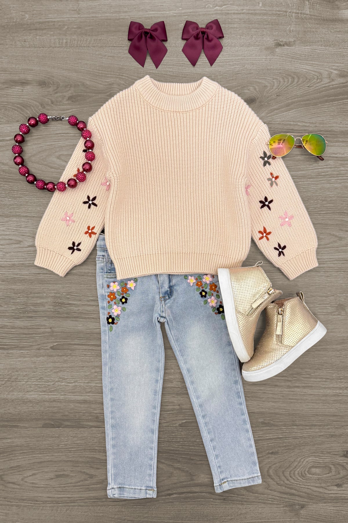 Embroidered Flower Denim Pant Set