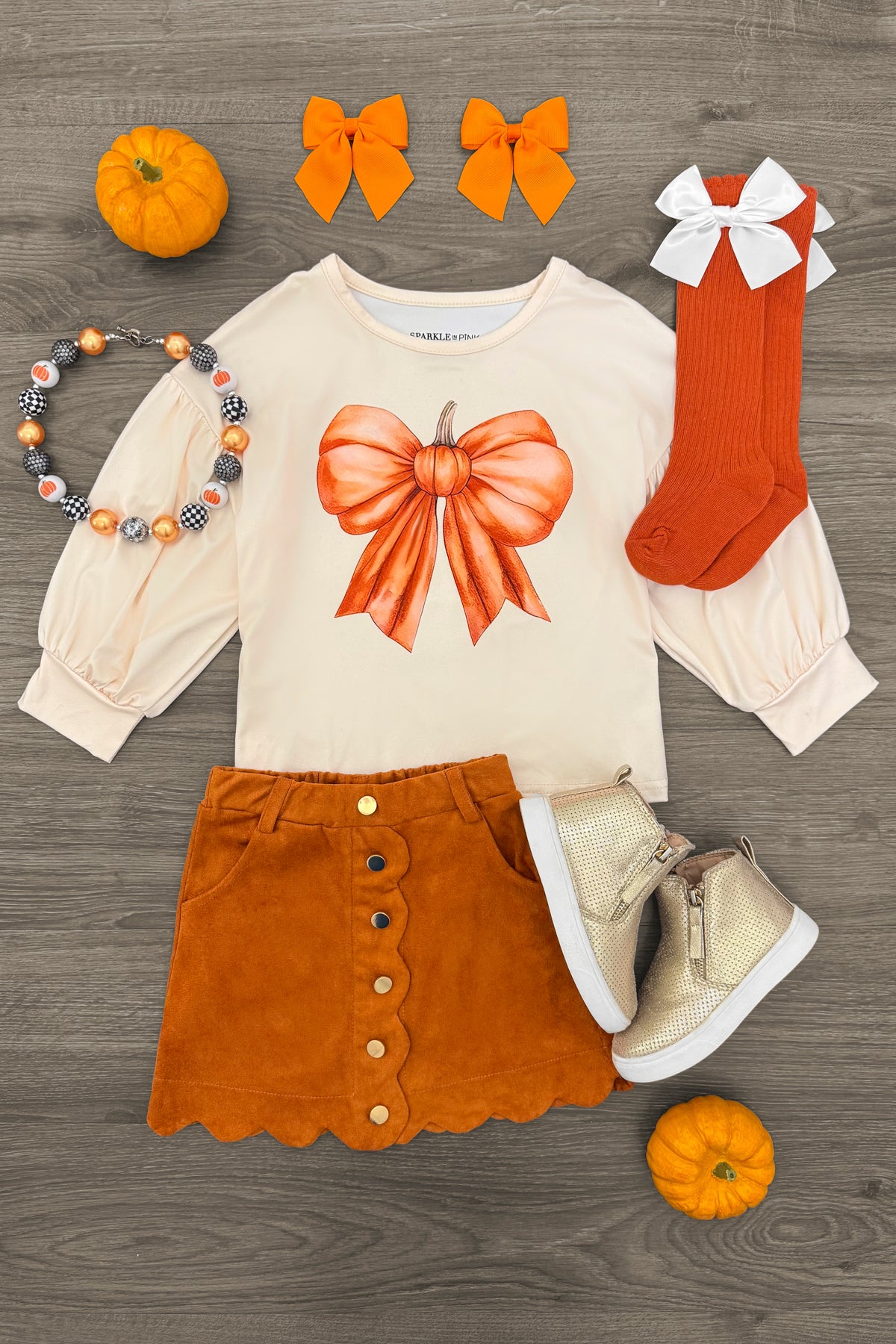 Cream Pumpkin Bow Suede Skirt Set