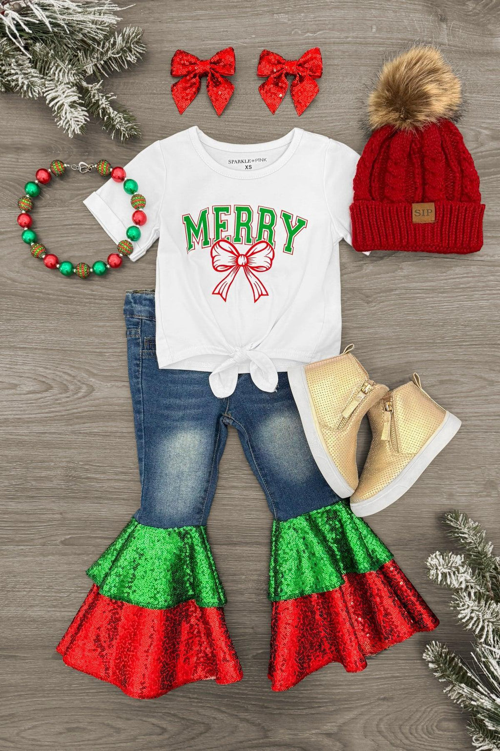 "Merry" Sequin Denim Bell Bottom Set