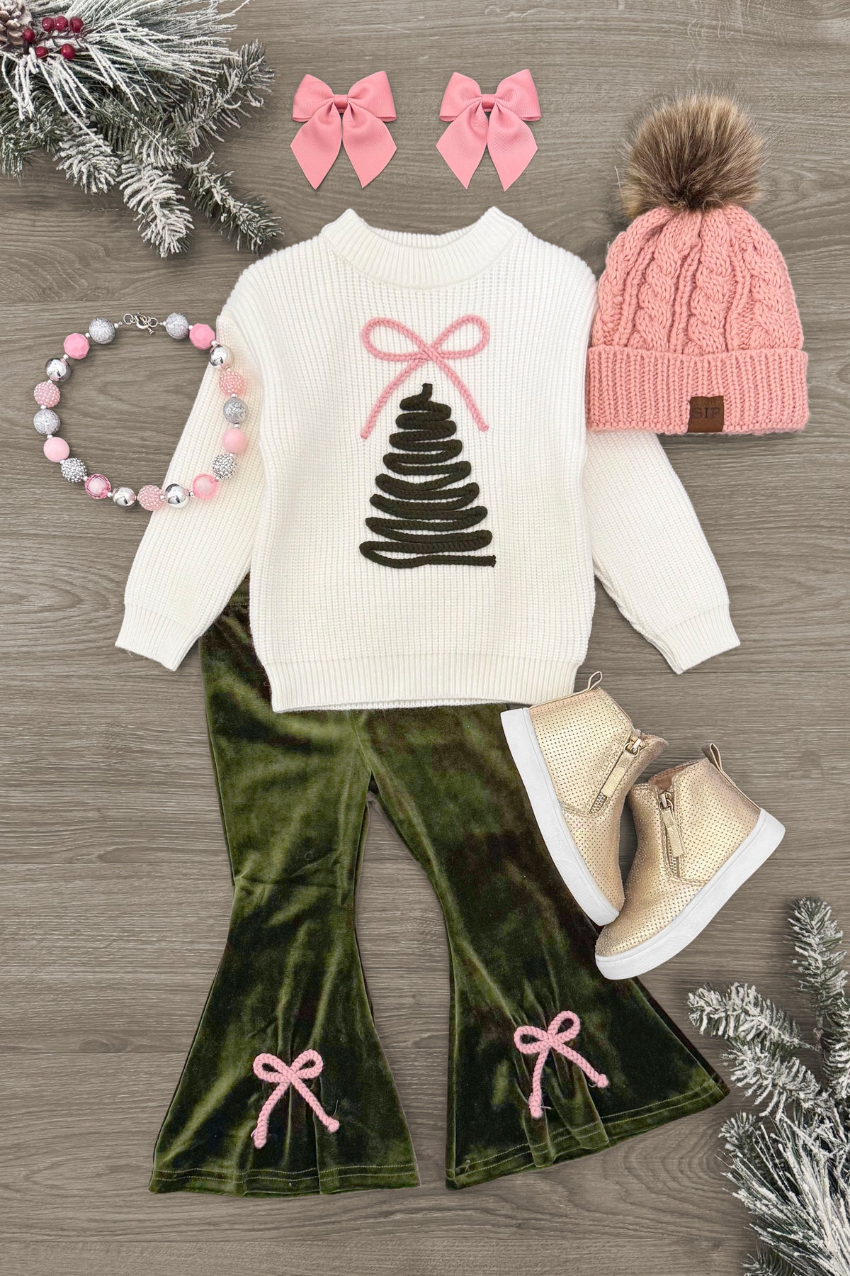 Christmas Tree Knit Sweater Flare Pant Set