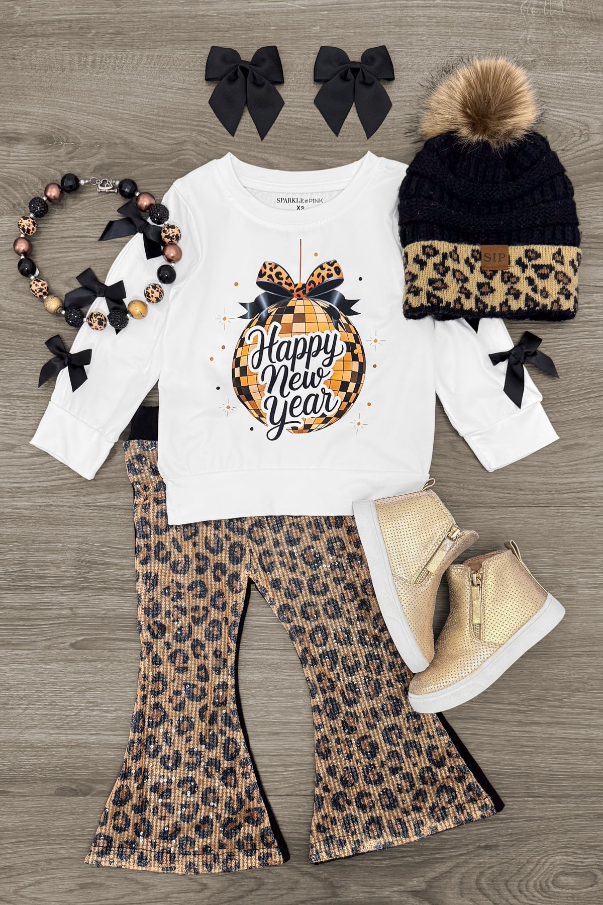 "Happy New Year" Sequin Leopard Flare Set