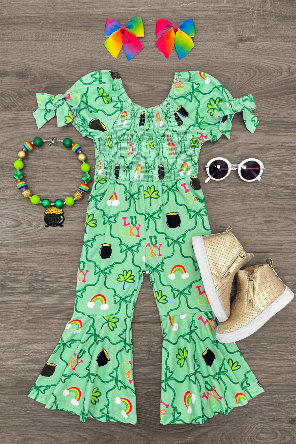 "Lucky" Green Bell Bottom Jumpsuit