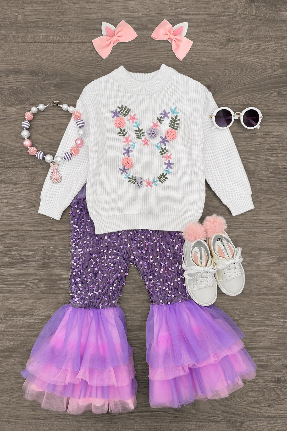 Floral Knit Bunny Sequin Bell Bottom Set