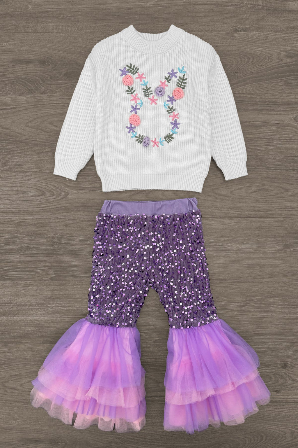 Floral Knit Bunny Sequin Bell Bottom Set