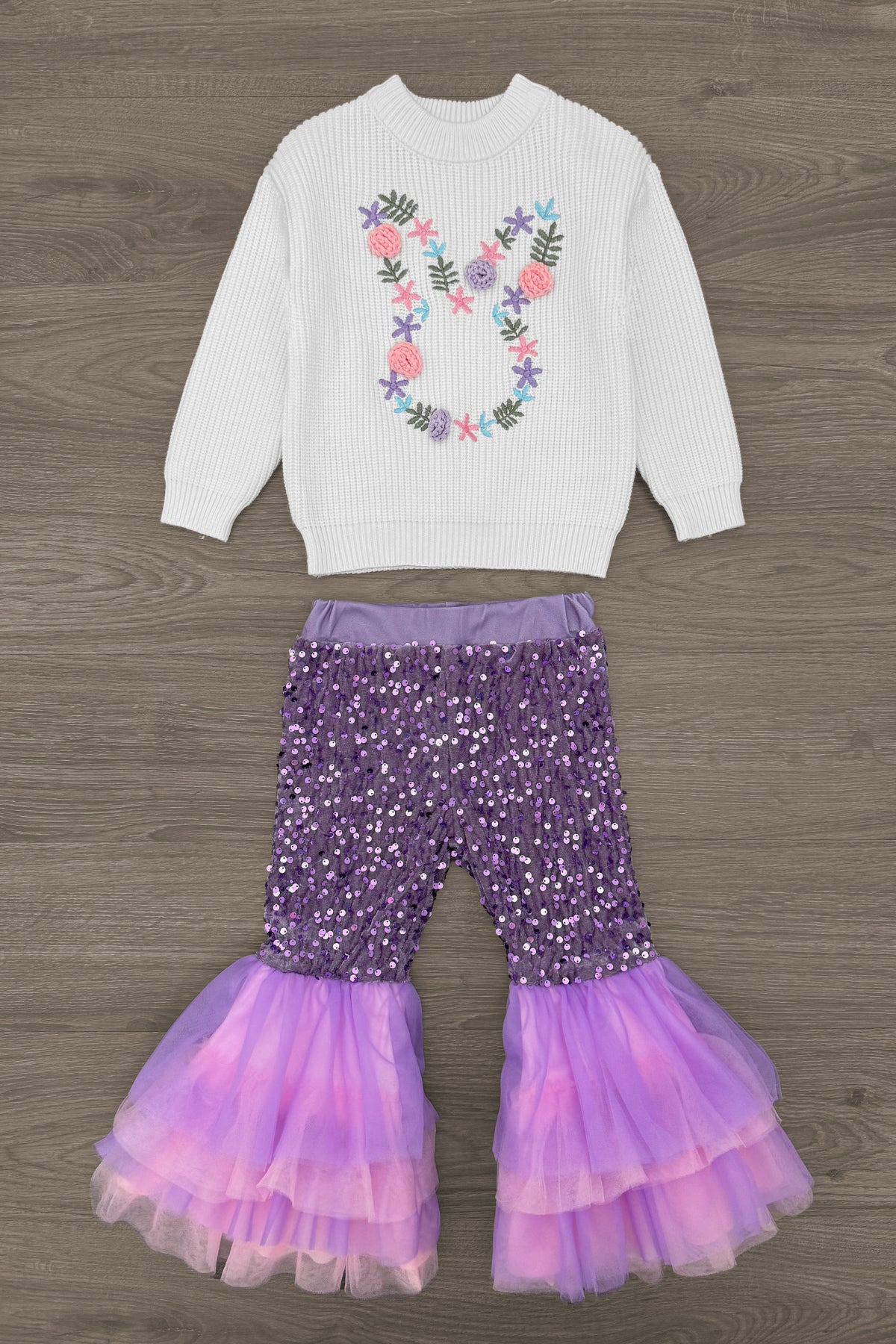 Floral Knit Bunny Sequin Bell Bottom Set