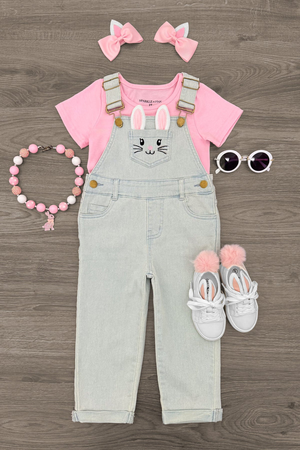 Pink Denim Bunny Overall Set