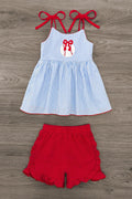 Blue & Red Striped Baseball Short Set