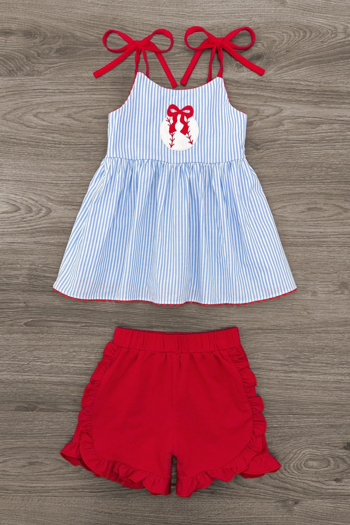 Blue & Red Striped Baseball Short Set