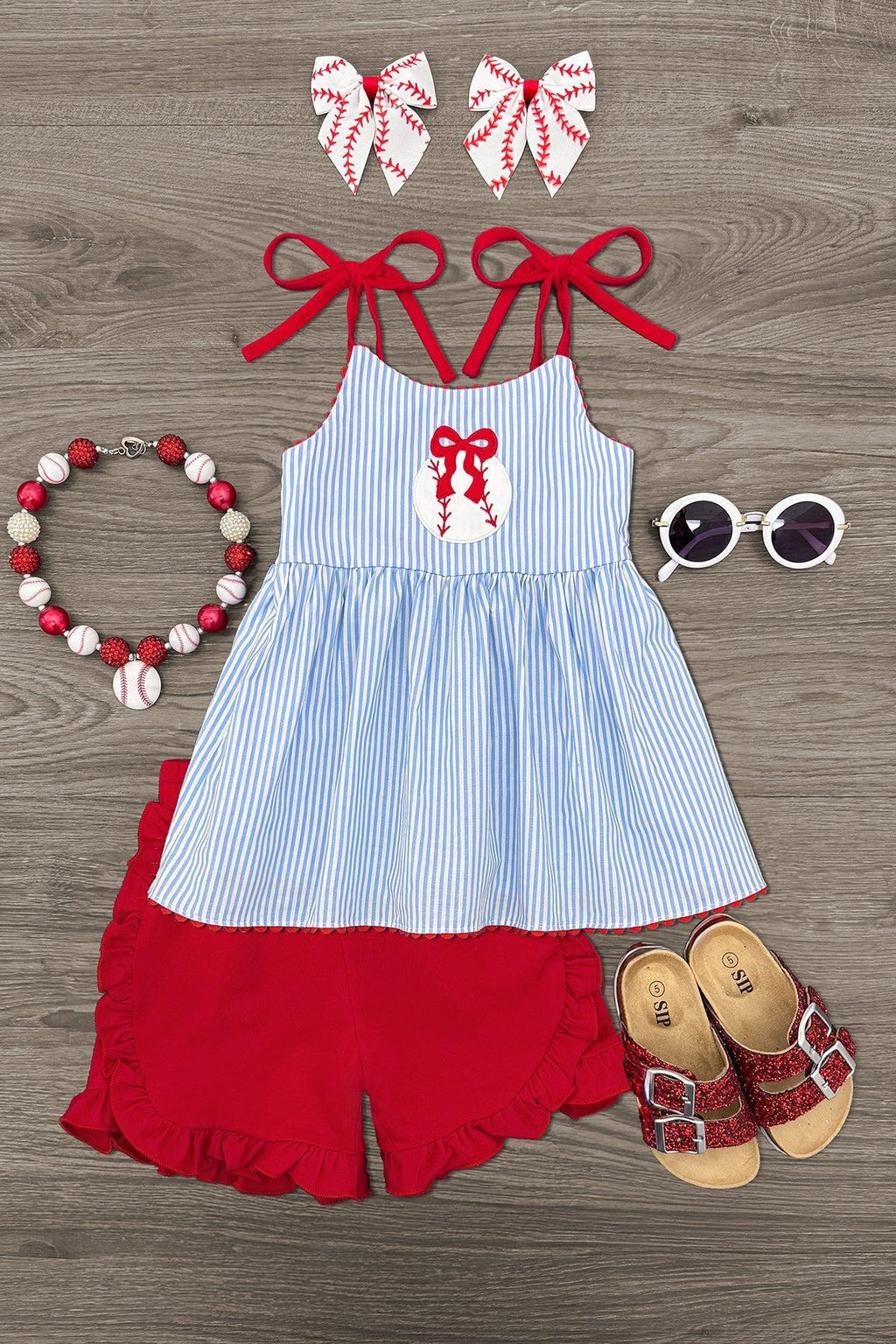 Blue & Red Striped Baseball Short Set