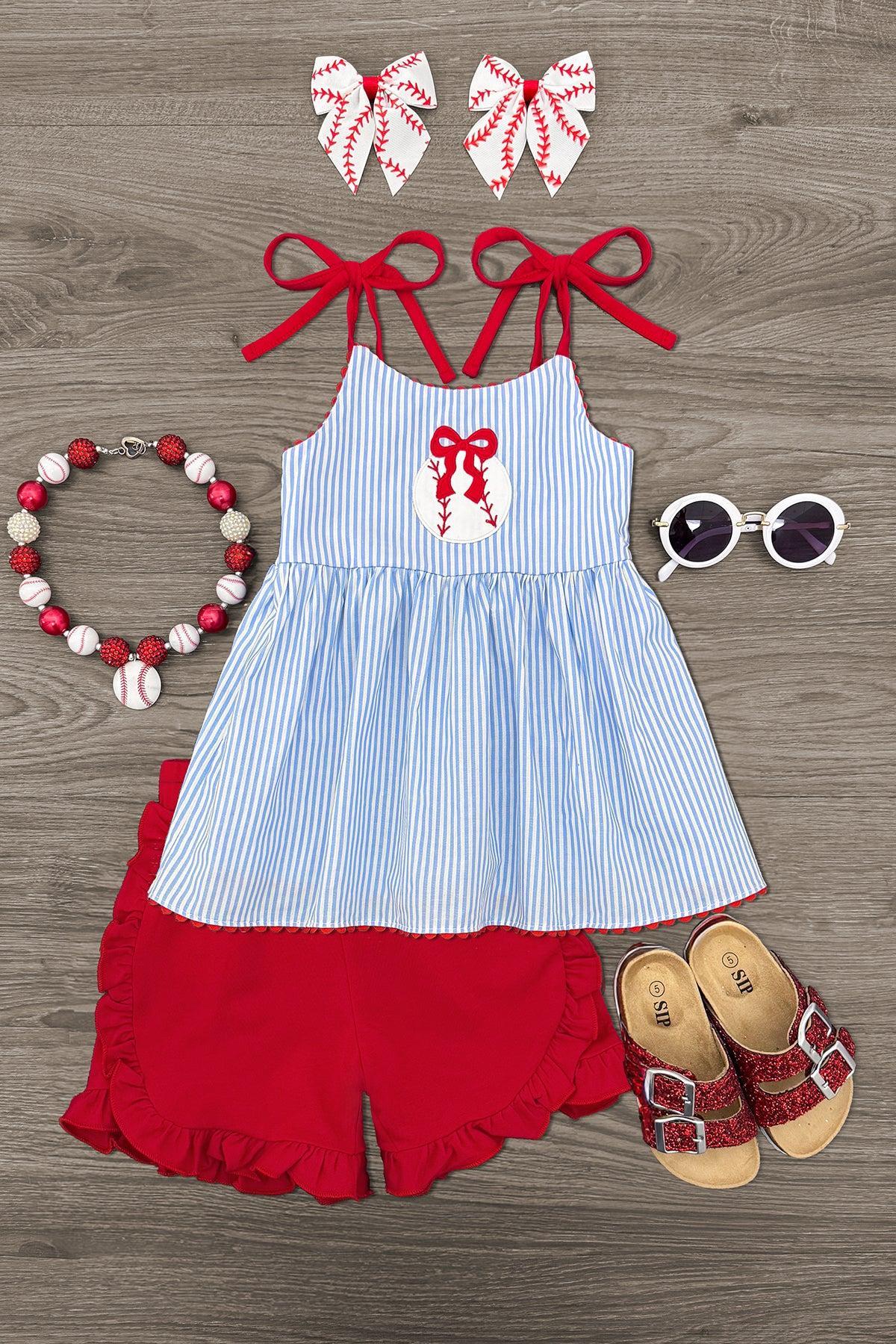 Blue & Red Striped Baseball Short Set