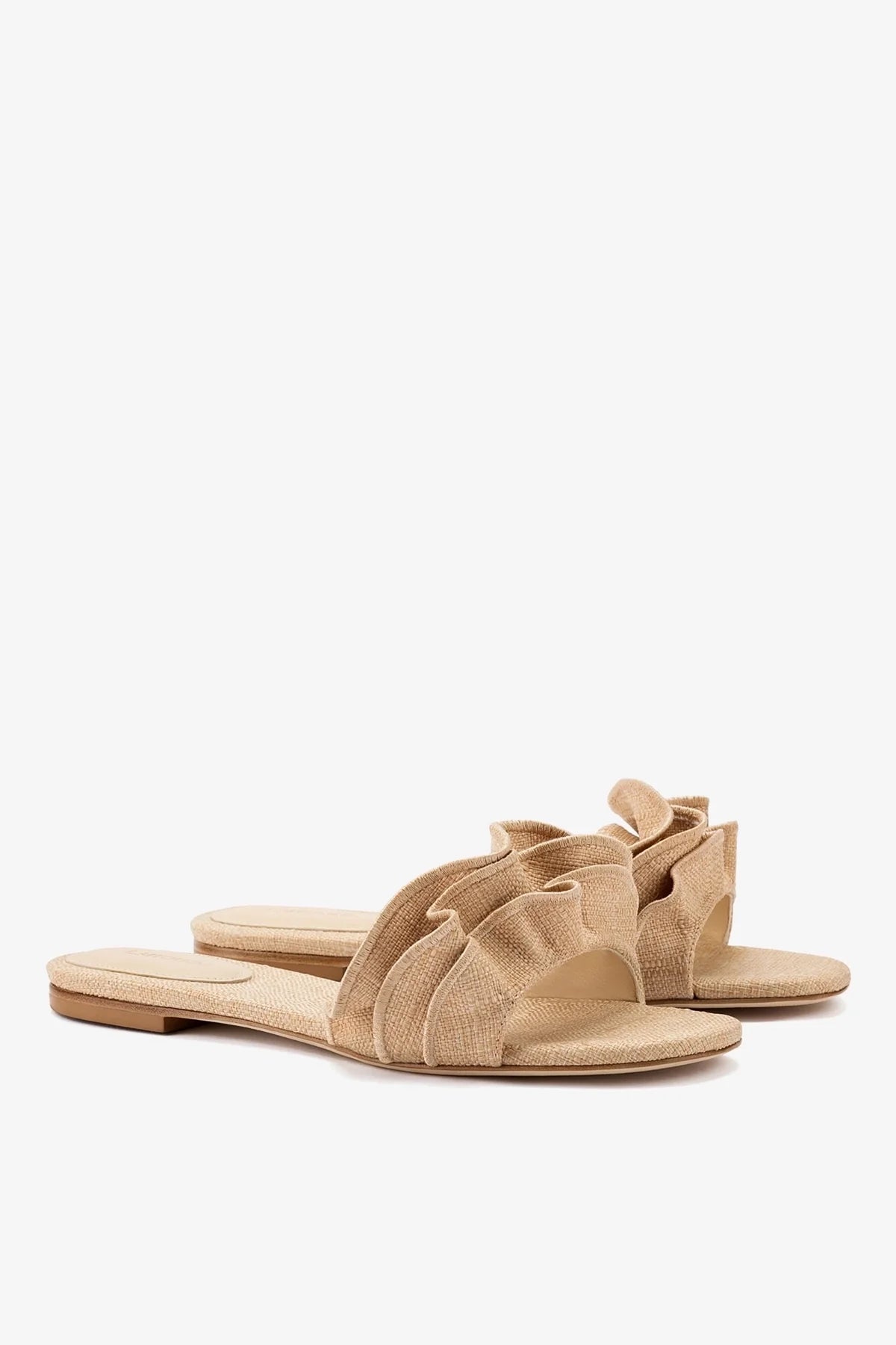 Ivy Ruffle Flat Mule In Beige Raffia
