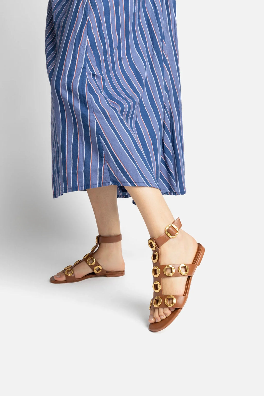 Milan Gladiator Flat In Caramel Leather
