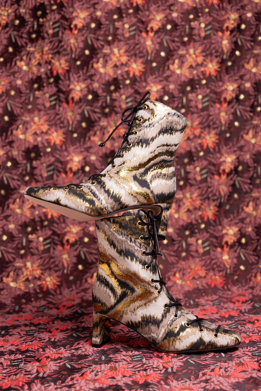 Larroudé x Markarian Alexis Boot In Floral Embroidery Gold Fabric