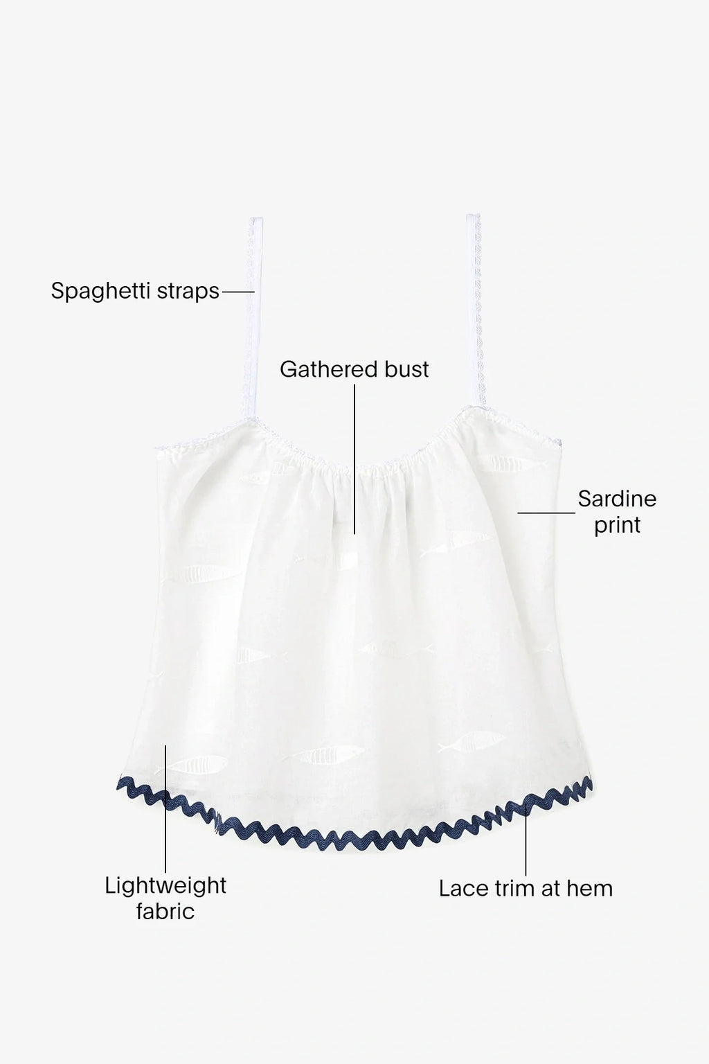The Perfect Tank Top Embroidered Fish with Navy Trim