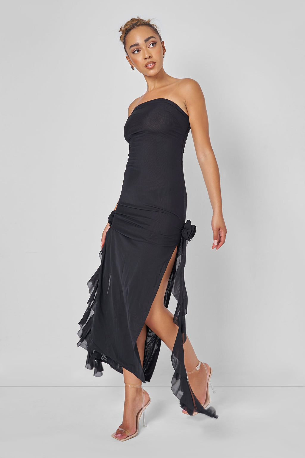 Bandeau Ruffle Detail Midi Dress Black