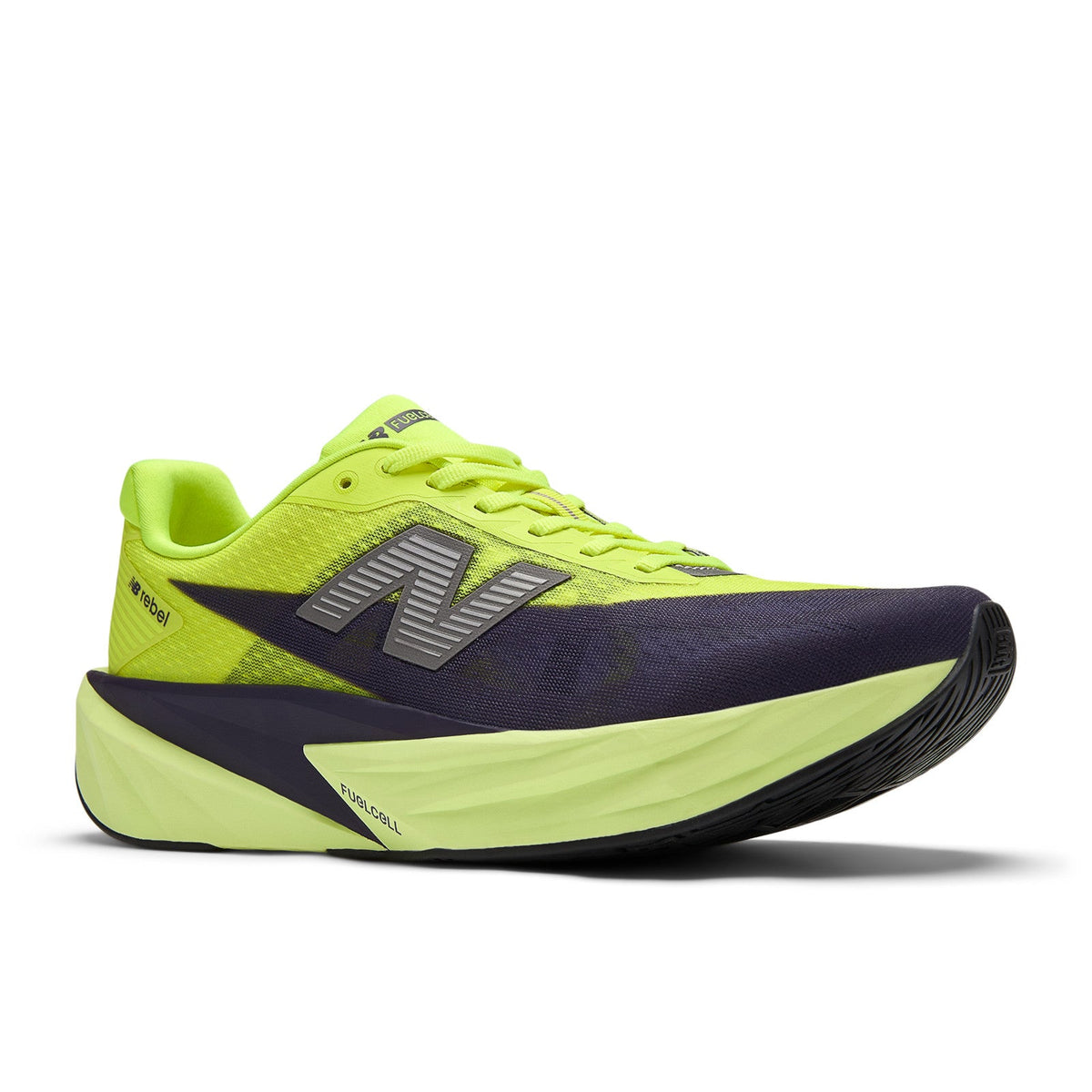 New Balance Men's FuelCell Rebel v5 in Alkaline Green with Boysenberry and Dark Silver Metallic