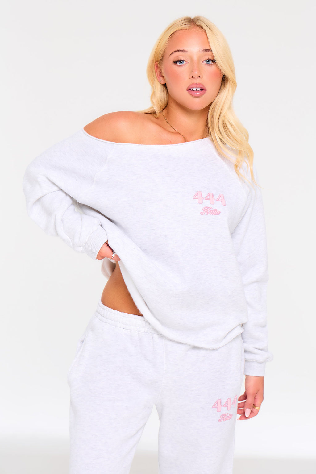 Kaiia 444 Off the Shoulder Sweatshirt Light Grey Marl & Pink
