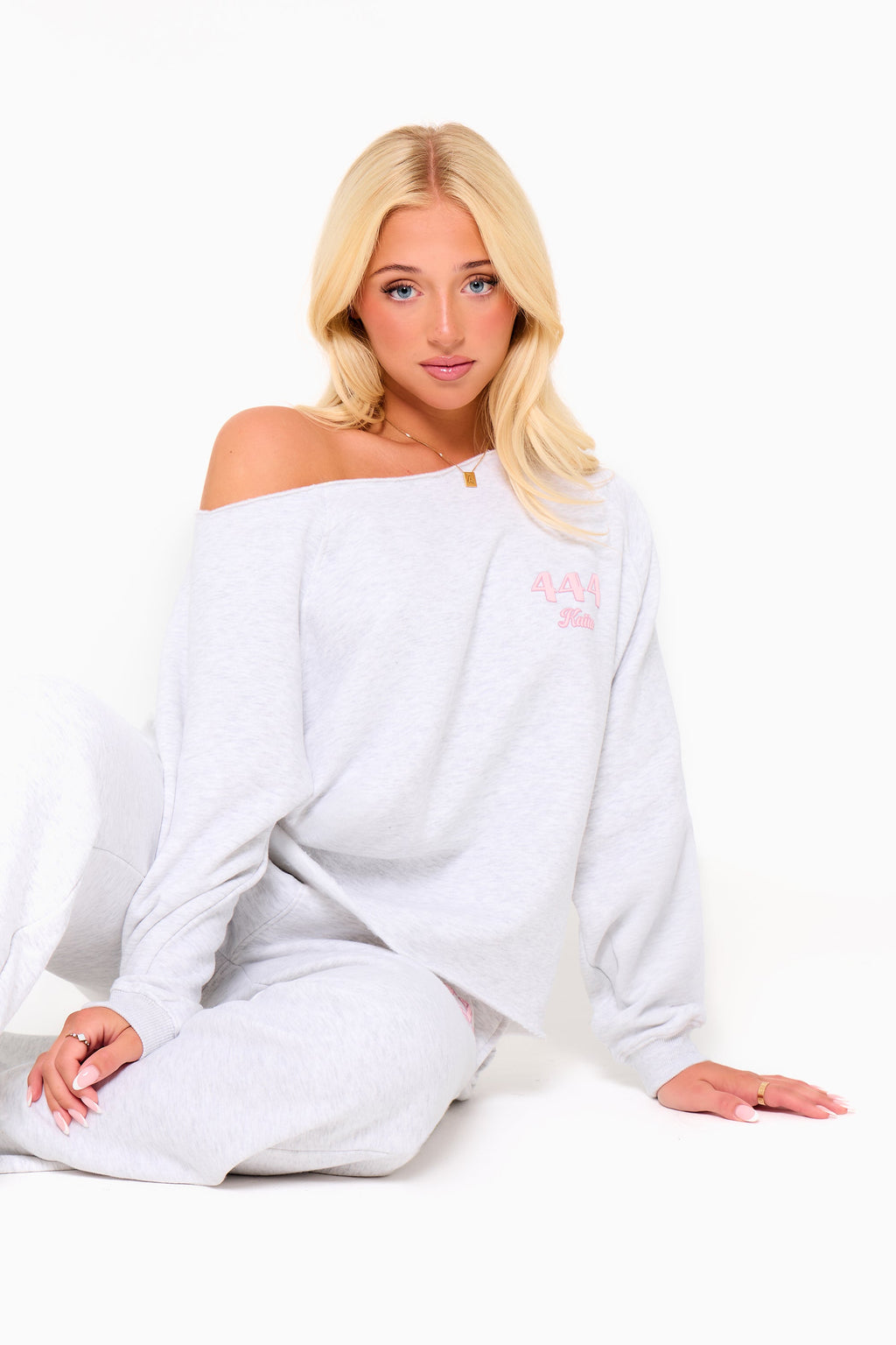 Kaiia 444 Off the Shoulder Sweatshirt Light Grey Marl & Pink