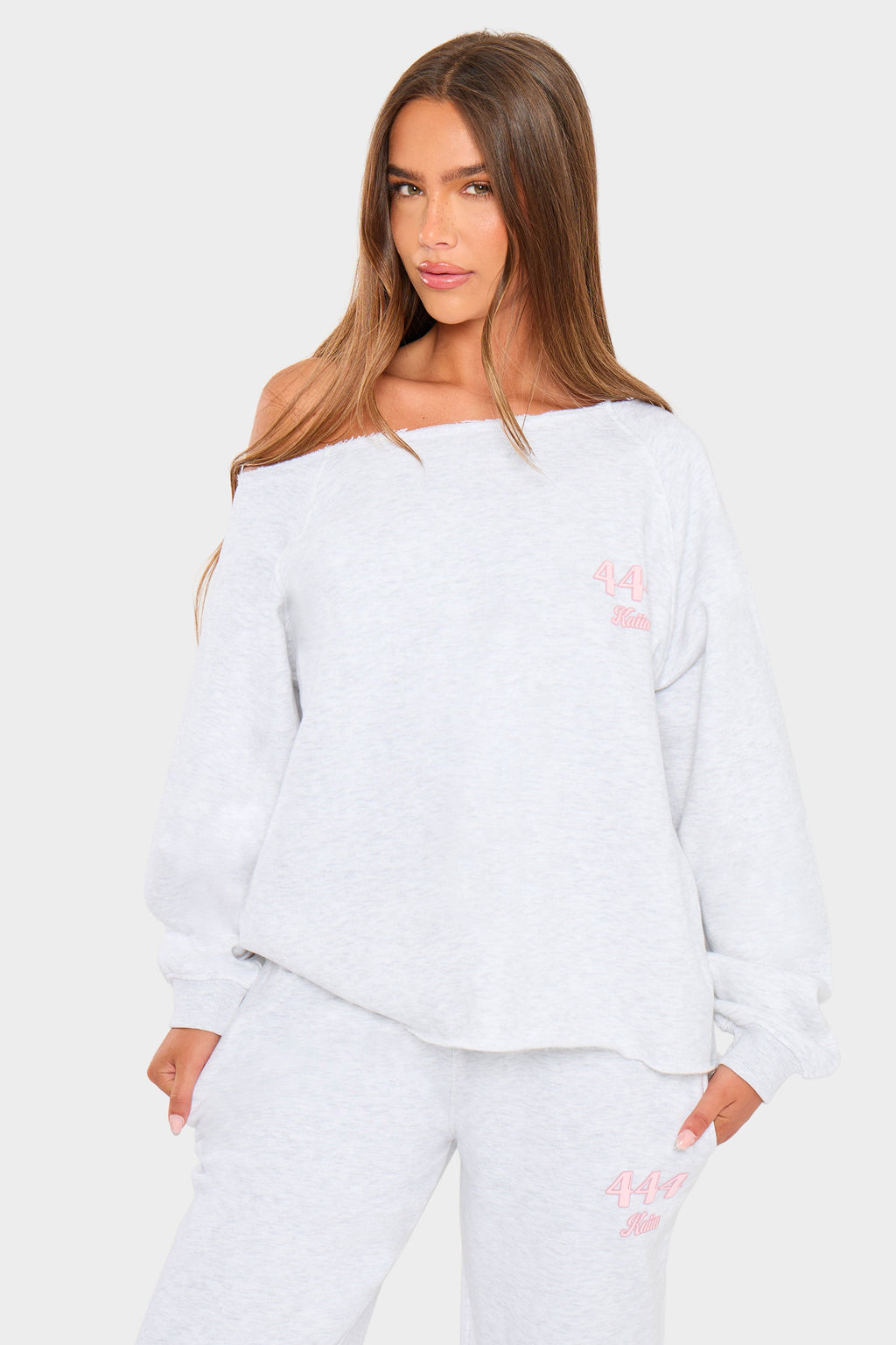 Kaiia 444 Off the Shoulder Sweatshirt Light Grey Marl & Pink