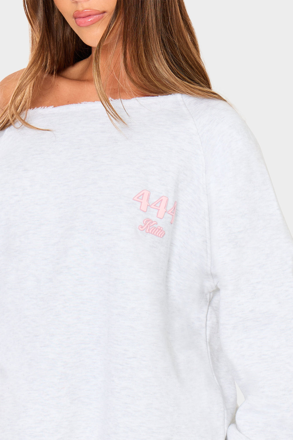 Kaiia 444 Off the Shoulder Sweatshirt Light Grey Marl & Pink