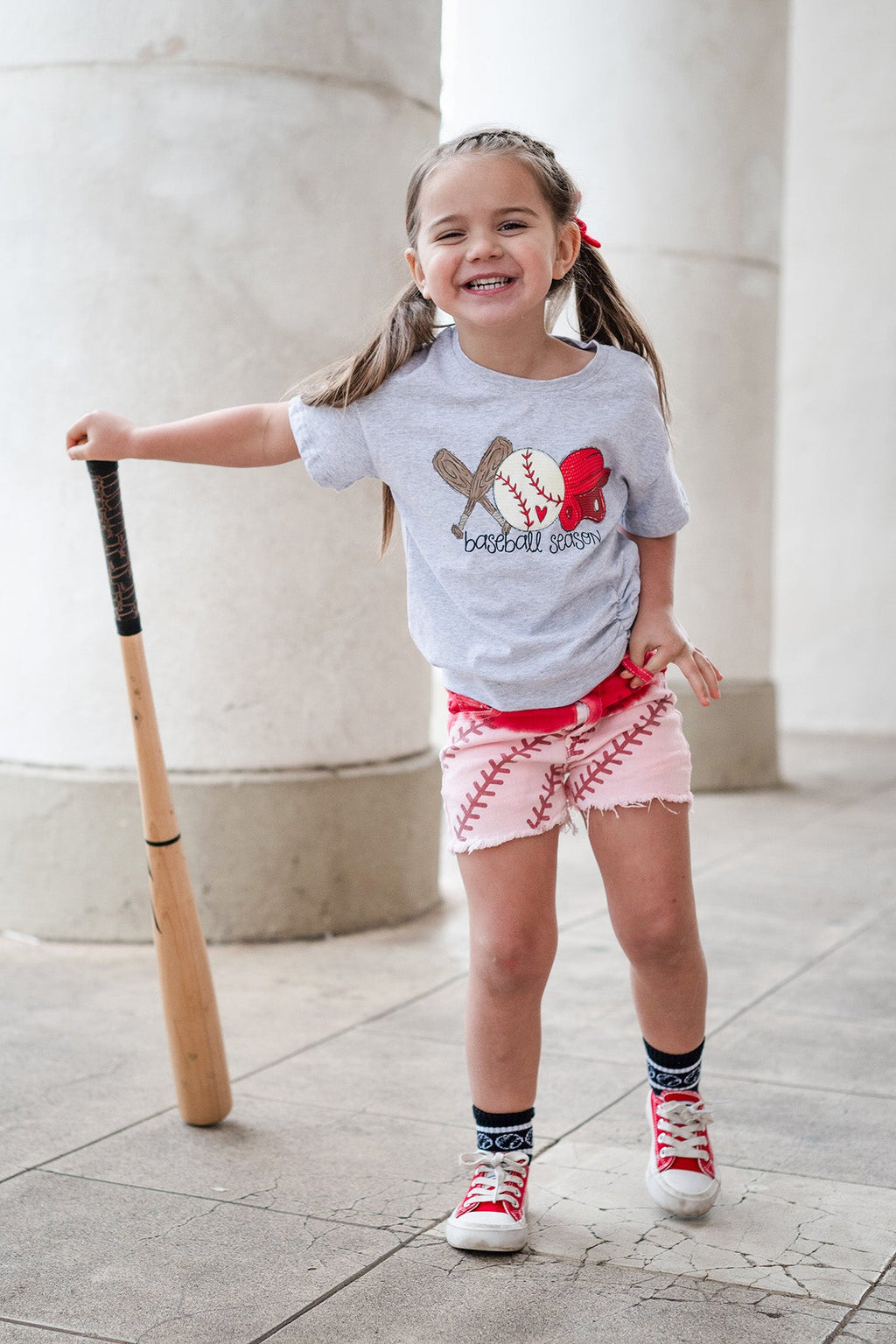 "Baseball Season" Gray & Red Ombre Denim Short Set