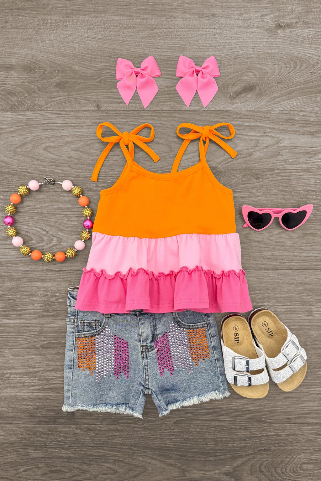 Pink & Orange Denim Short Set