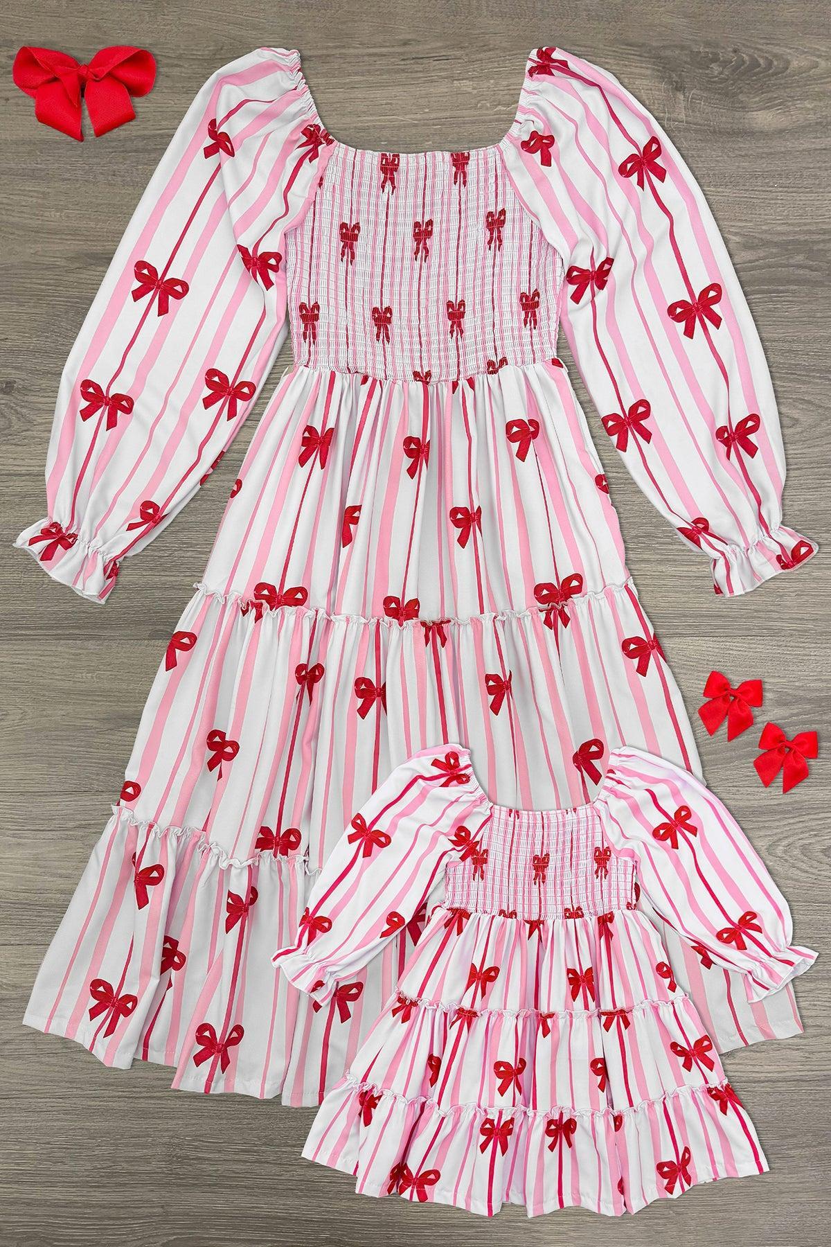 Mom & Me - Pink Bow Striped Dress