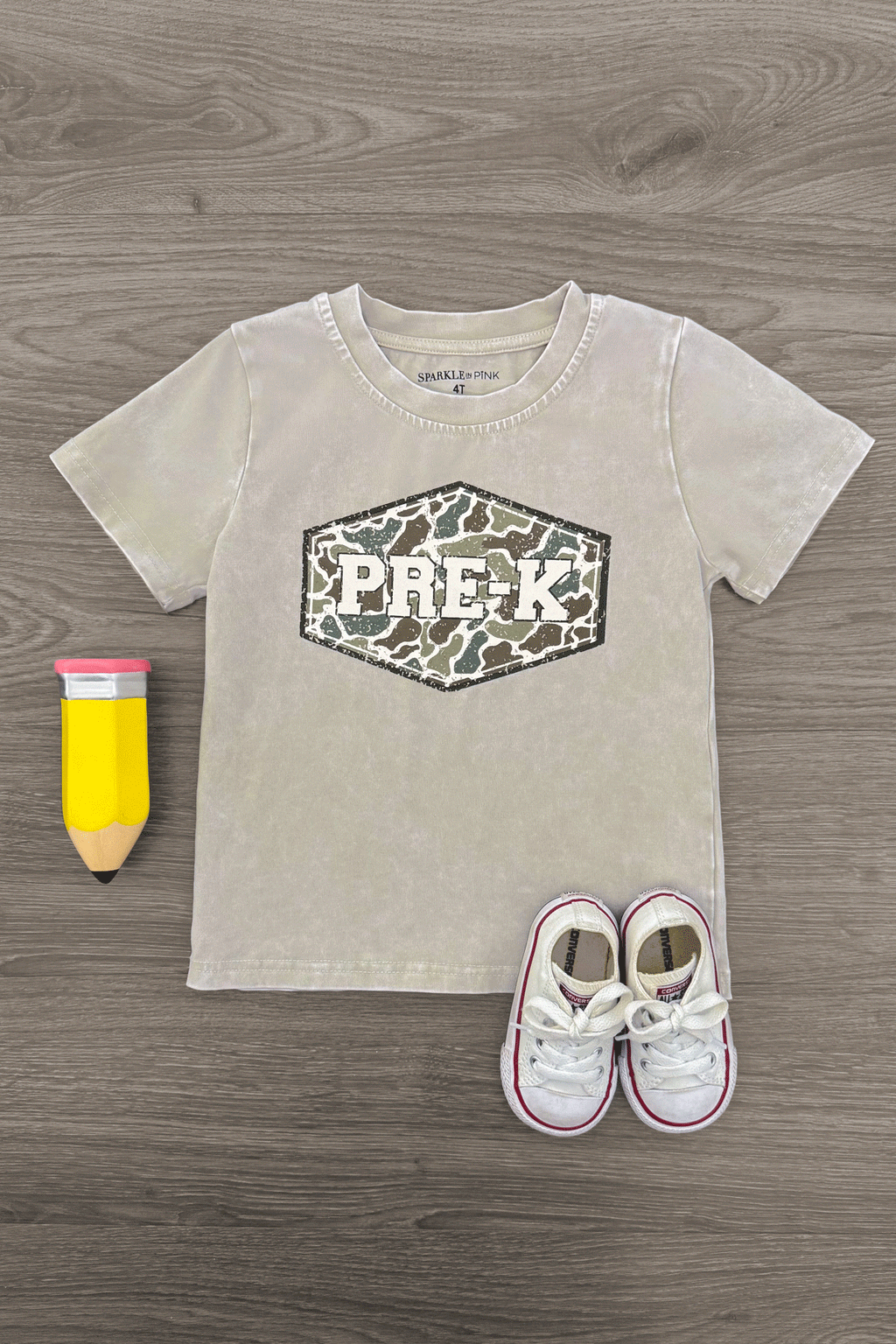 "Pre-K - Sixth Grade" Gray Camo Top