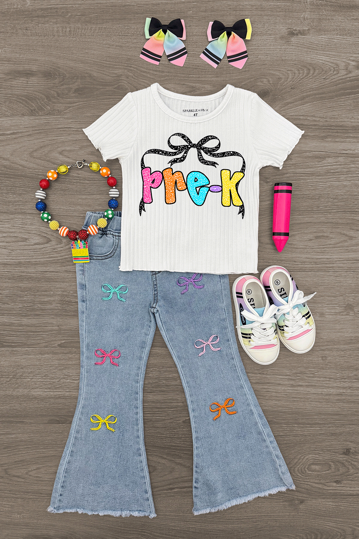 "Pre-K - Sixth Grade" Bow Denim Pant Set