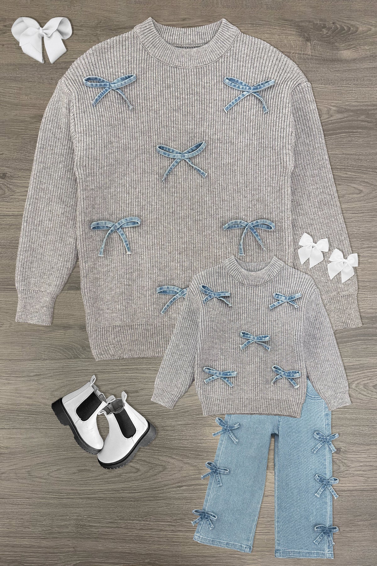 Mom & Me - Gray Bow Knit Sweater & Denim Pant Set